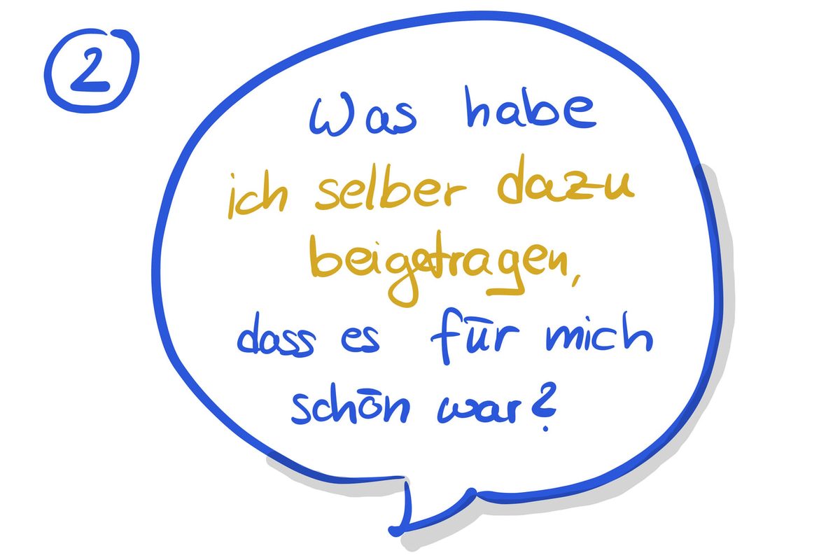 Sketchnote einer Sprechblase mit der Frage „Was habe ich selber dazu beigetragen, dass es für mich schön war?